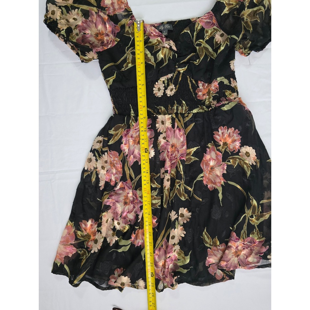Lily Rose Floral Puff Sleeve Smocked Mini Dress Black Mauve Size Small - Picture 9 of 16